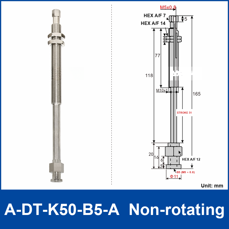 A-DT-K50-B5-A non-rotating robot buffer fitting, with product view and dimensional drawing