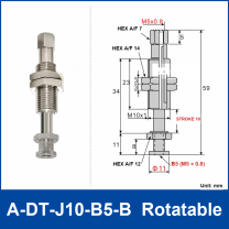 A-DT-J10-B5-B rotatable robot buffer fitting, with product view and dimensional drawing