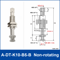 A-DT-K10-B5-B non-rotating robot buffer fitting, with product view and dimensional drawing