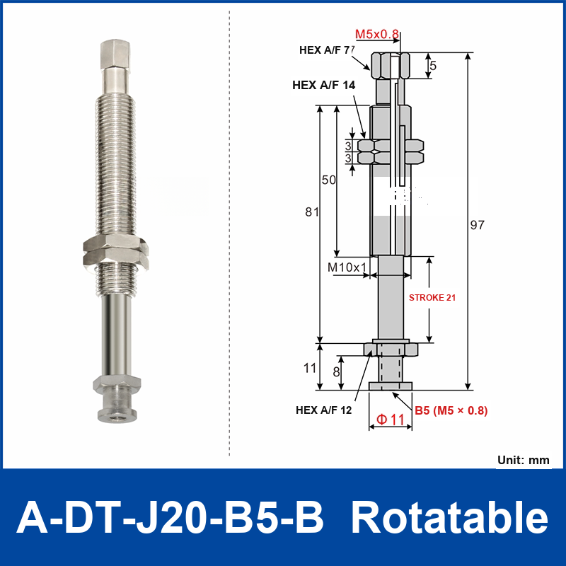 A-DT-J20-B5-B rotatable robot buffer fitting, with product view and dimensional drawing
