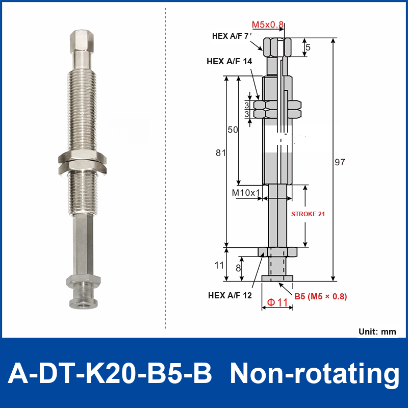 A-DT-K20-B5-B non-rotating robot buffer fitting, with product view and dimensional drawing