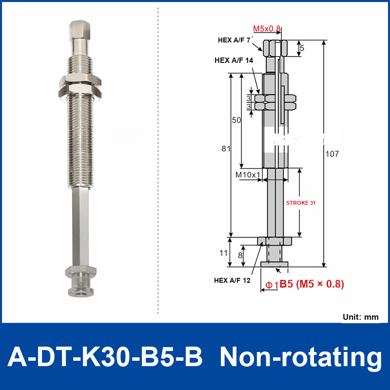 A-DT-K30-B5-B non-rotating robot buffer fitting, with product view and dimensional drawing