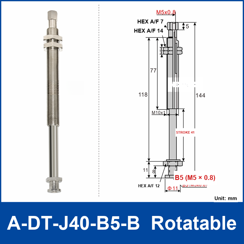 A-DT-J40-B5-B rotatable robot buffer fitting, with product view and dimensional drawing