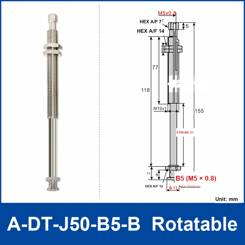 A-DT-J50-B5-B rotatable robot buffer fitting, with product view and dimensional drawing