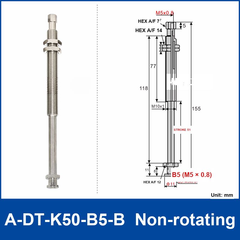A-DT-K50-B5-B non-rotating robot buffer fitting, with product view and dimensional drawing