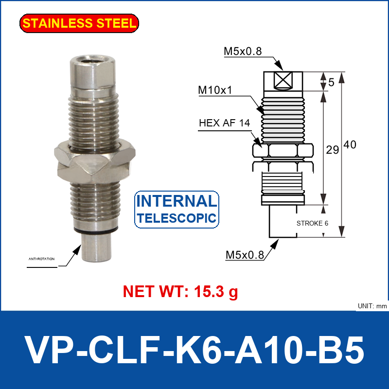 VP-CLF-K6-A10-B5 – Anti-Rotation, 6 mm Stroke, stainless steel telescopic vacuum buffer fitting, M10×1 / M5×0.8 threads, with technical dimensions