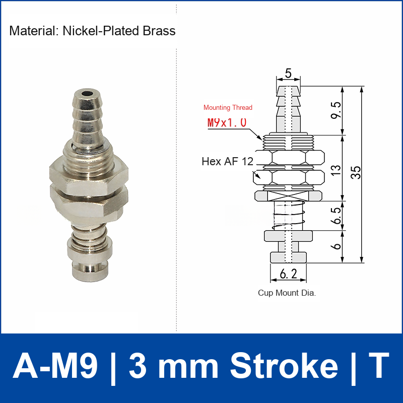 A-M9-3-T top-port spring-loaded vacuum cup buffer mount, M9 mounting thread, 3 mm stroke, T connection, with technical drawing