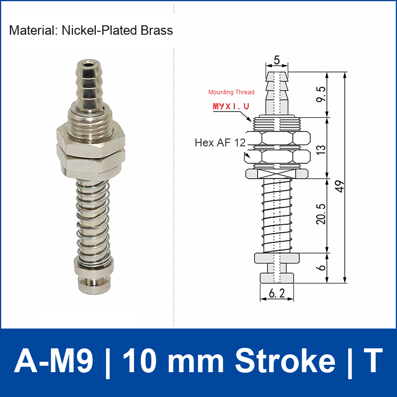 A-M9-10-T top-port spring-loaded vacuum cup buffer mount, M9 mounting thread, 10 mm stroke, T connection, with technical drawing
