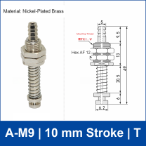 A-M9-10-T top-port spring-loaded vacuum cup buffer mount, M9 mounting thread, 10 mm stroke, T connection, with technical drawing