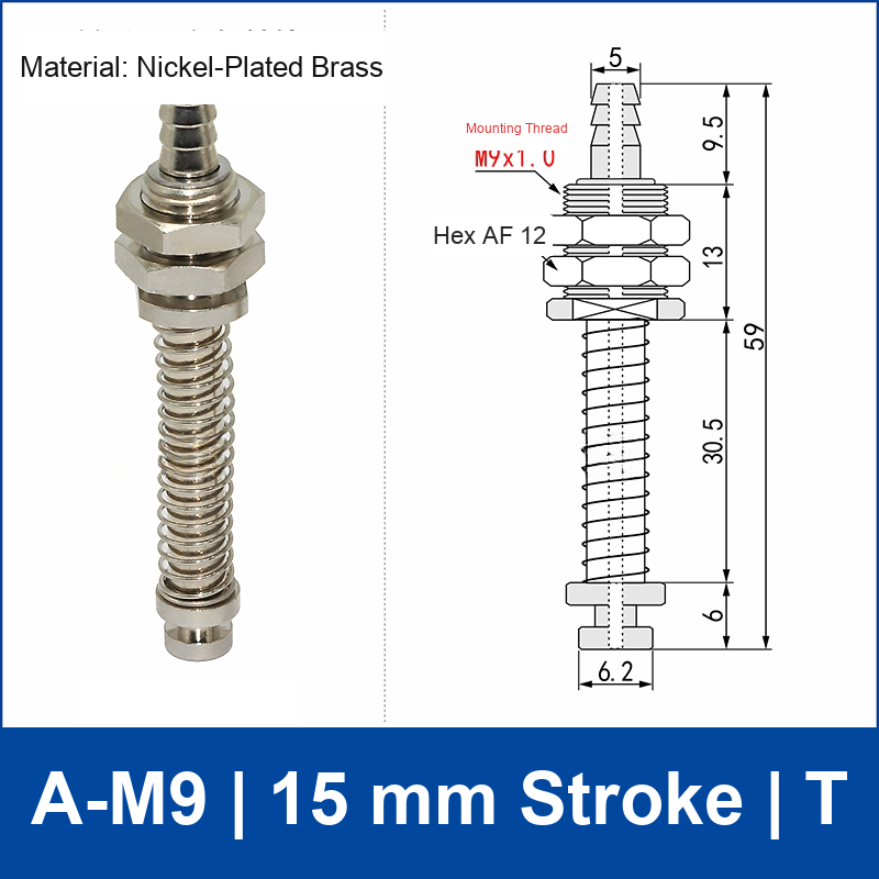 A-M9-15-T top-port spring-loaded vacuum cup buffer mount, M9 mounting thread, 15 mm stroke, T connection, with technical drawing