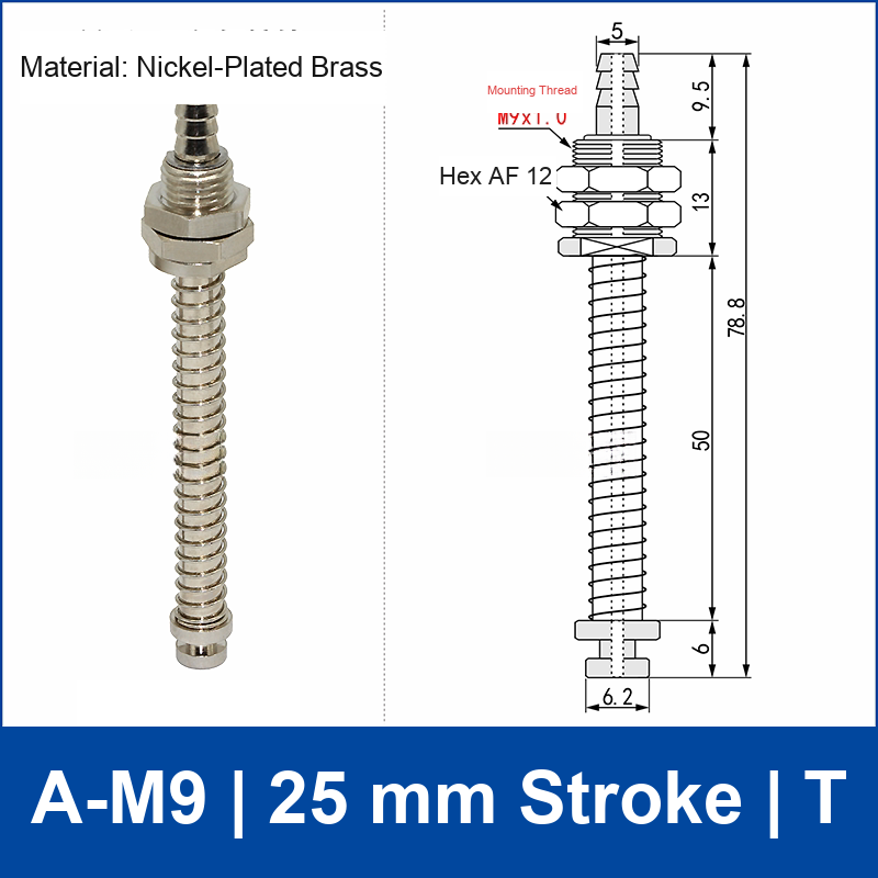 A-M9-25-T top-port spring-loaded vacuum cup buffer mount, M9 mounting thread, 25 mm stroke, T connection, with technical drawing