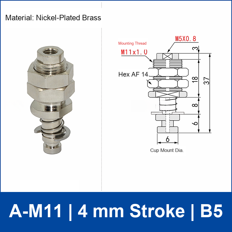 A-M11-4-B5 top-port spring-loaded vacuum cup buffer mount, M11 mounting thread, 4 mm stroke, B5 connection, with technical drawing