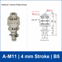 A-M11-4-B5 top-port spring-loaded vacuum cup buffer mount, M11 mounting thread, 4 mm stroke, B5 connection, with technical drawing