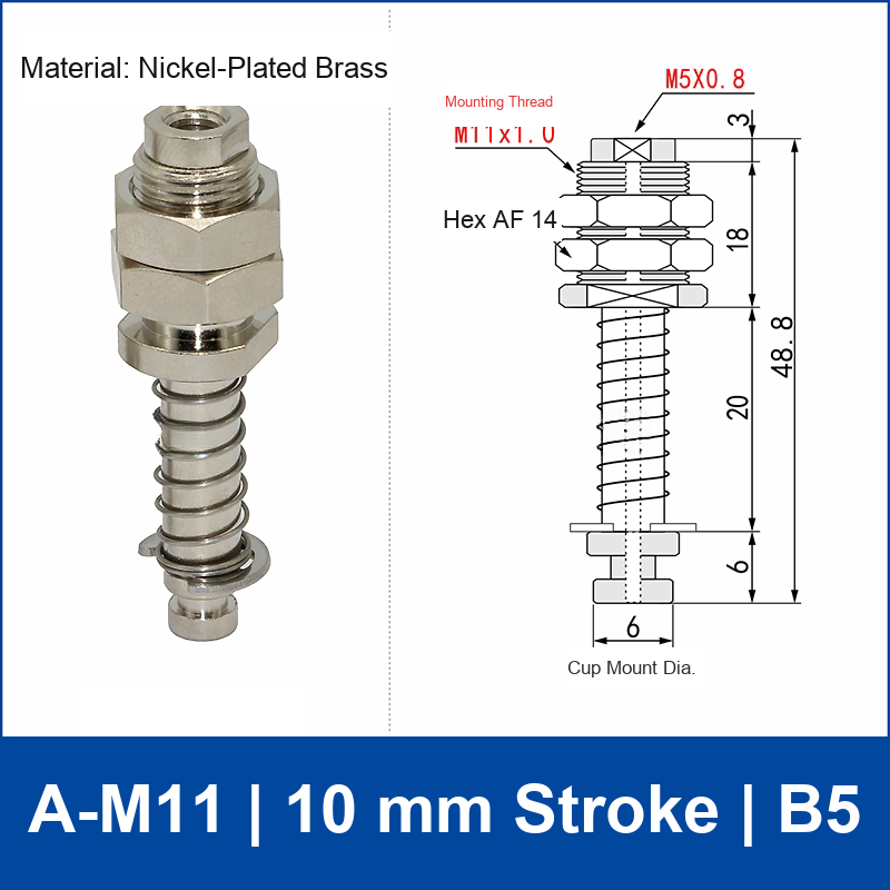 A-M11-10-B5 top-port spring-loaded vacuum cup buffer mount, M11 mounting thread, 10 mm stroke, B5 connection, with technical drawing