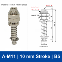 A-M11-10-B5 top-port spring-loaded vacuum cup buffer mount, M11 mounting thread, 10 mm stroke, B5 connection, with technical drawing