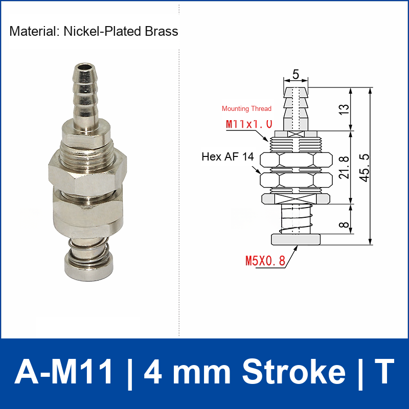 A-M11-4-T top-port spring-loaded vacuum cup buffer mount, M11 mounting thread, 4 mm stroke, T connection, with technical drawing