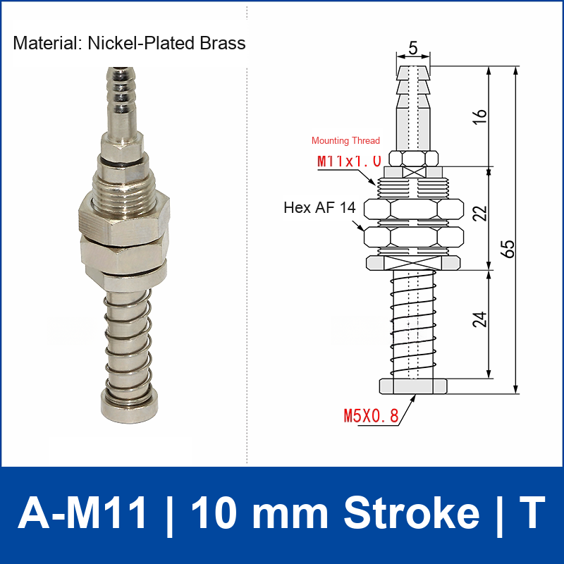 A-M11-10-T top-port spring-loaded vacuum cup buffer mount, M11 mounting thread, 10 mm stroke, T connection, with technical drawing