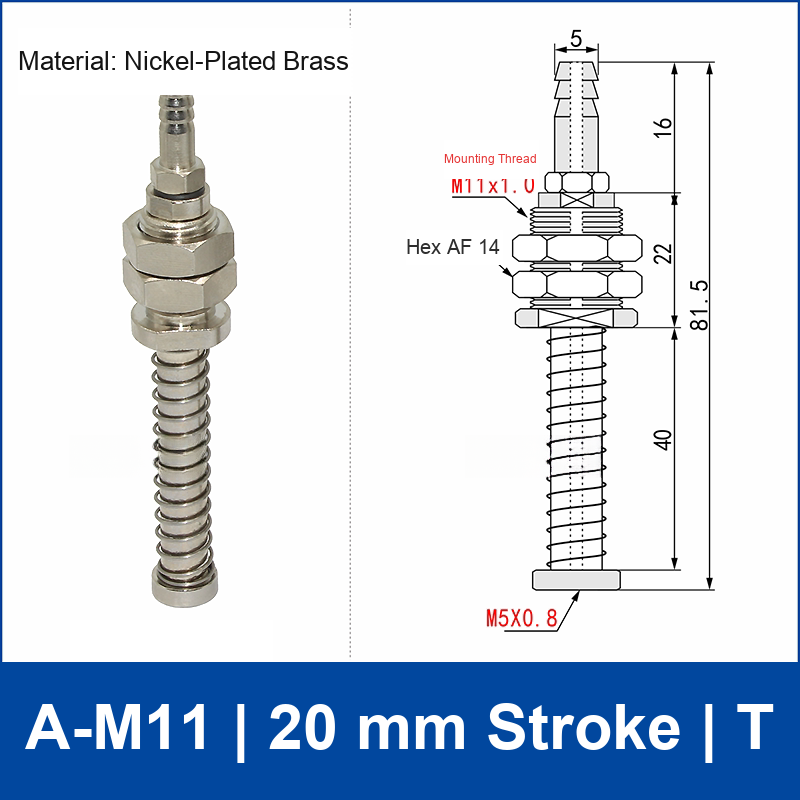 A-M11-20-T top-port spring-loaded vacuum cup buffer mount, M11 mounting thread, 20 mm stroke, T connection, with technical drawing
