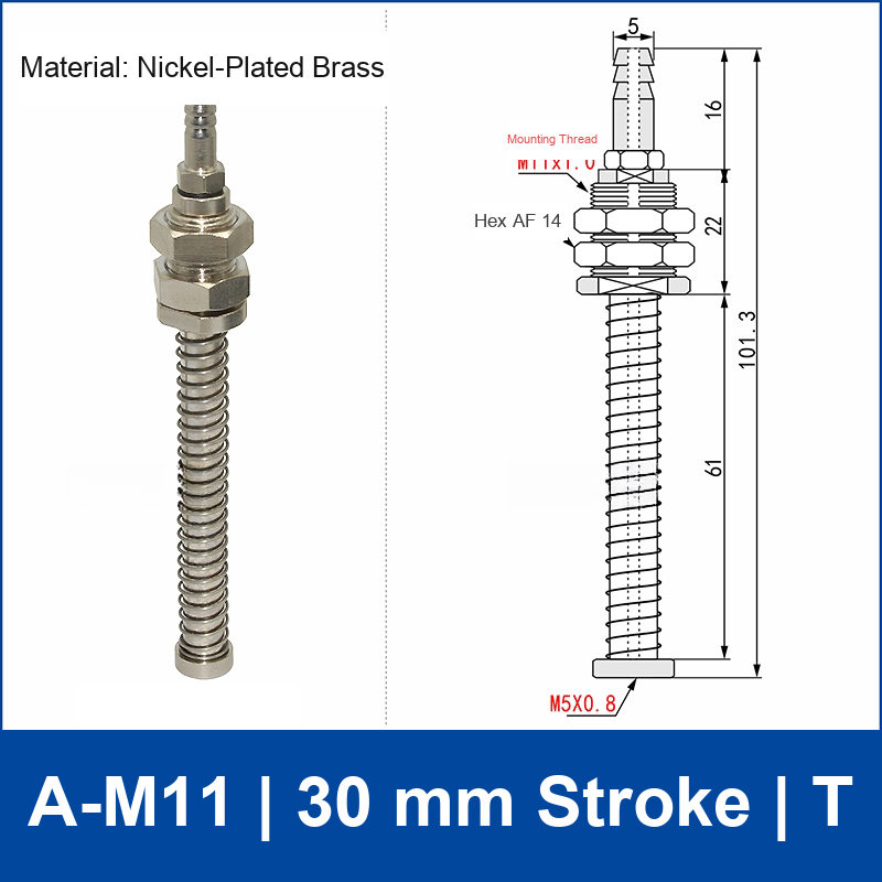 A-M11-30-T top-port spring-loaded vacuum cup buffer mount, M11 mounting thread, 30 mm stroke, T connection, with technical drawing