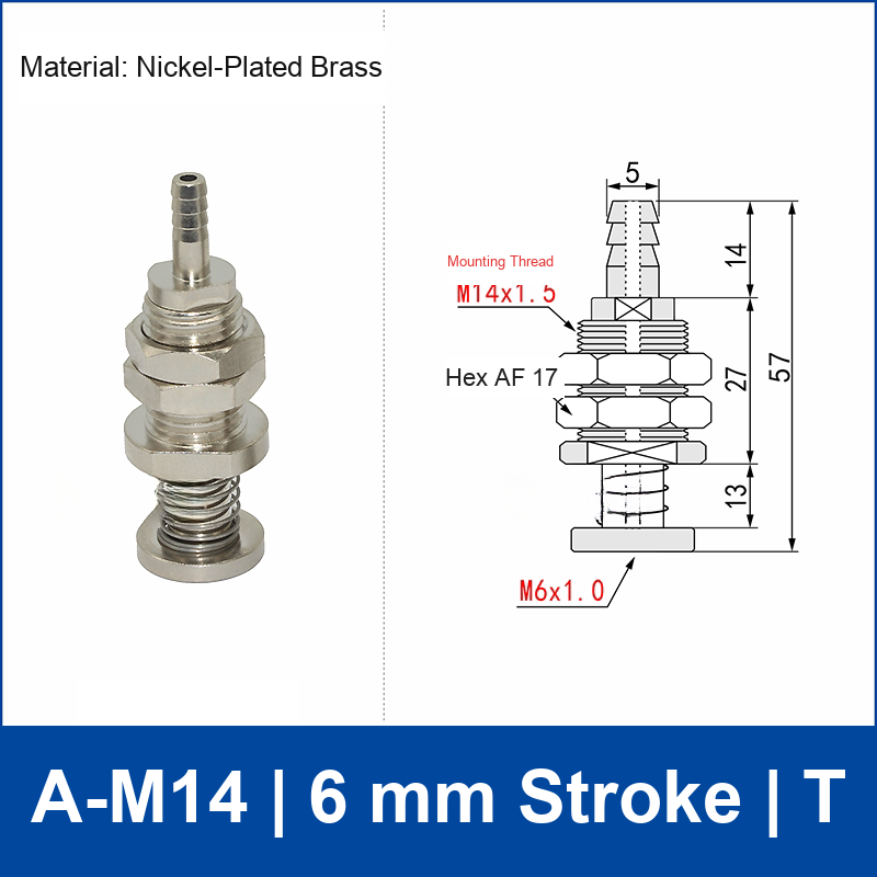 A-M14-6-T top-port spring-loaded vacuum cup buffer mount, M14 mounting thread, 6 mm stroke, T connection, with technical drawing