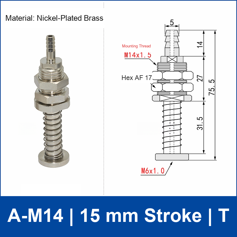A-M14-15-T top-port spring-loaded vacuum cup buffer mount, M14 mounting thread, 15 mm stroke, T connection, with technical drawing