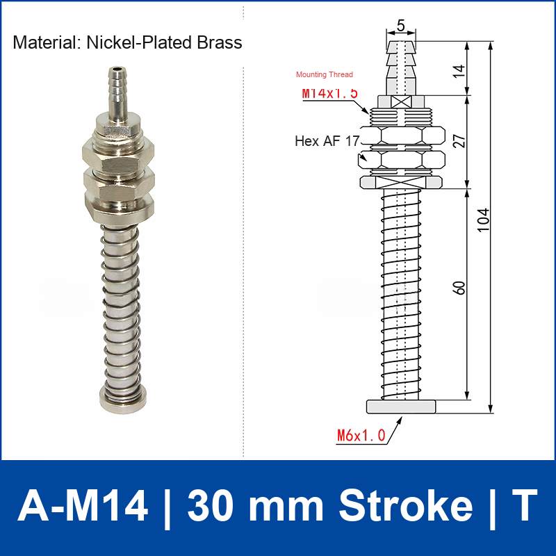 A-M14-30-T top-port spring-loaded vacuum cup buffer mount, M14 mounting thread, 30 mm stroke, T connection, with technical drawing