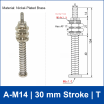 A-M14-30-T top-port spring-loaded vacuum cup buffer mount, M14 mounting thread, 30 mm stroke, T connection, with technical drawing