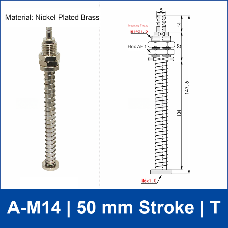 A-M14-50-T top-port spring-loaded vacuum cup buffer mount, M14 mounting thread, 50 mm stroke, T connection, with technical drawing