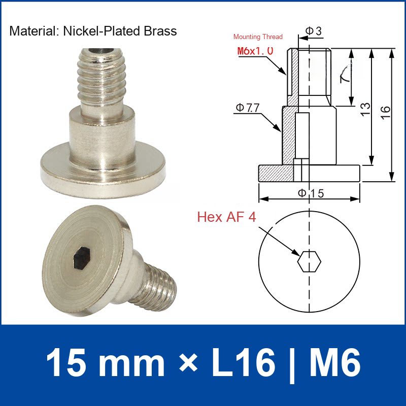 15-L16-M6 vacuum cup mounting adapter, 15 mm by L16 dimensions, M6 thread, with technical drawing