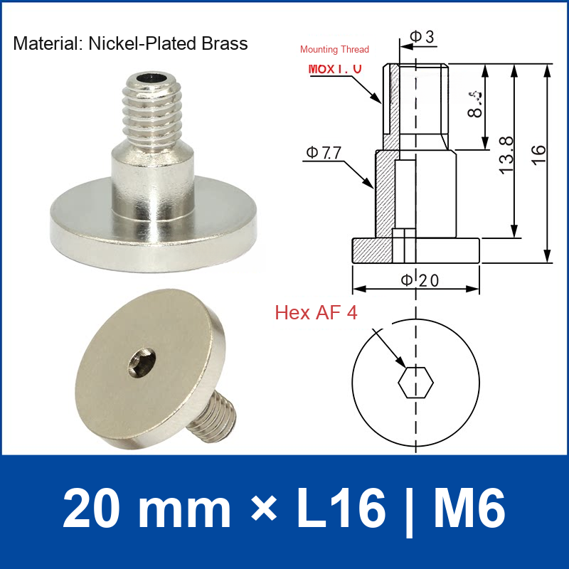 20-L16-M6 vacuum cup mounting adapter, 20 mm by L16 dimensions, M6 thread, with technical drawing