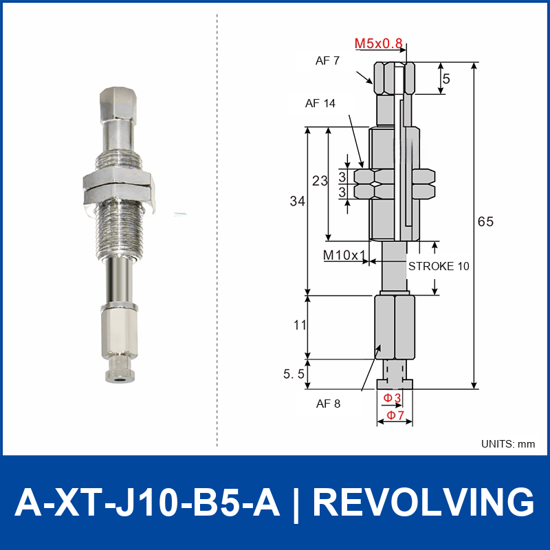 A-XT-J10-B5-A compact spring-loaded vacuum cup holder, revolving, with product view and dimensional drawing