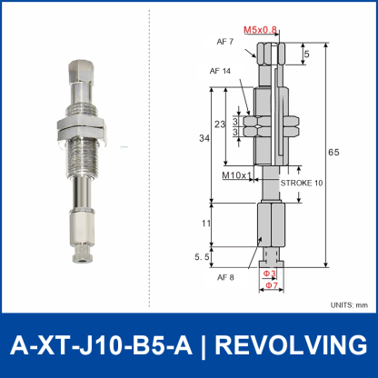A-XT-J10-B5-A compact spring-loaded vacuum cup holder, revolving, with product view and dimensional drawing