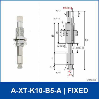A-XT-K10-B5-A compact spring-loaded vacuum cup holder, fixed, with product view and dimensional drawing