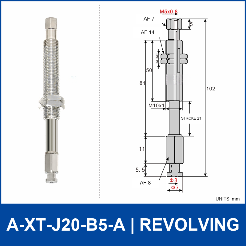 A-XT-J20-B5-A compact spring-loaded vacuum cup holder, revolving, with product view and dimensional drawing