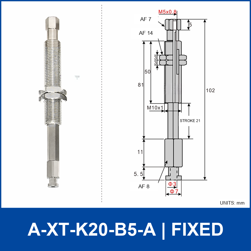 A-XT-K20-B5-A compact spring-loaded vacuum cup holder, fixed, with product view and dimensional drawing