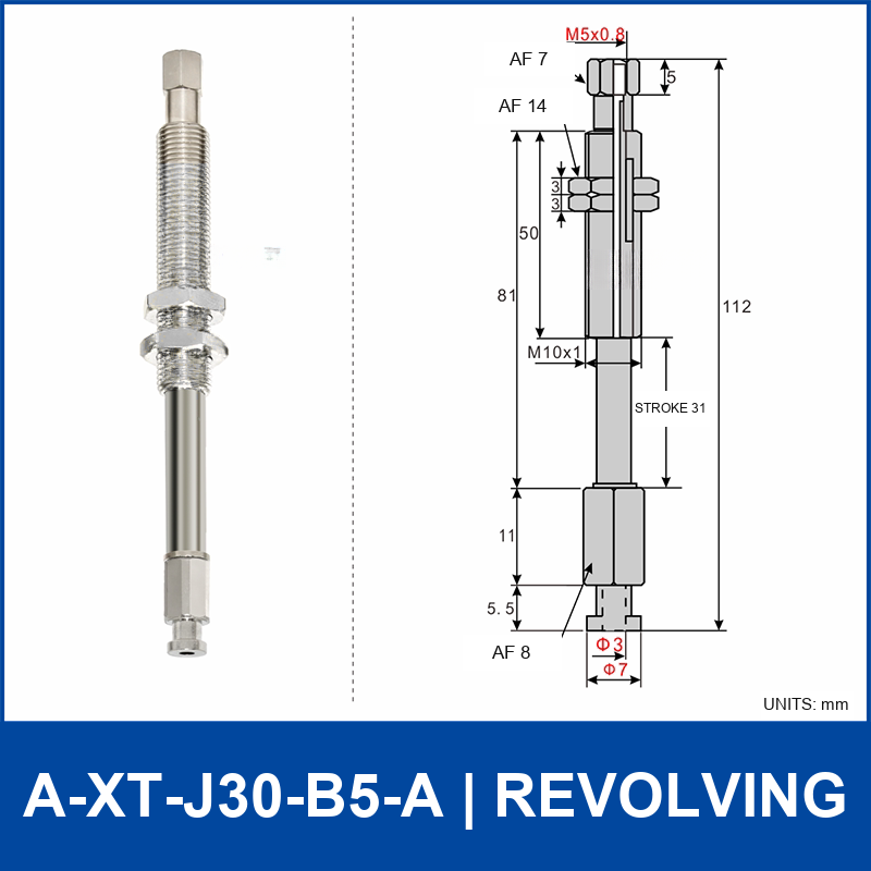 A-XT-J30-B5-A compact spring-loaded vacuum cup holder, revolving, with product view and dimensional drawing