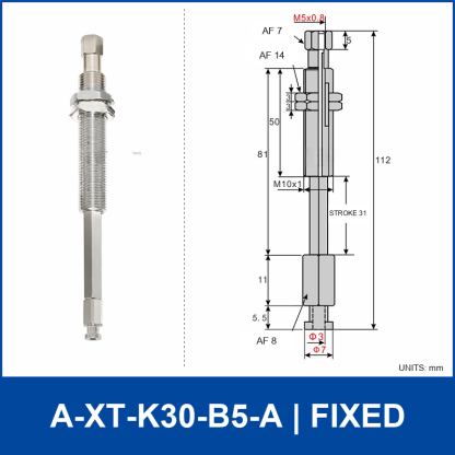 A-XT-K30-B5-A compact spring-loaded vacuum cup holder, fixed, with product view and dimensional drawing