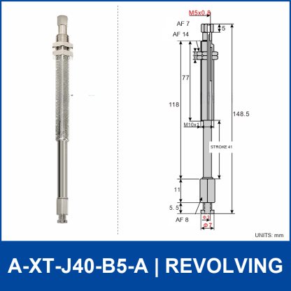 A-XT-J40-B5-A compact spring-loaded vacuum cup holder, revolving, with product view and dimensional drawing