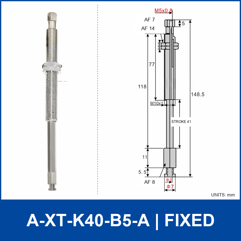 A-XT-K40-B5-A compact spring-loaded vacuum cup holder, fixed, with product view and dimensional drawing