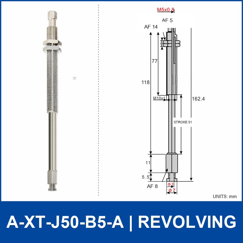 A-XT-J50-B5-A compact spring-loaded vacuum cup holder, revolving, with product view and dimensional drawing
