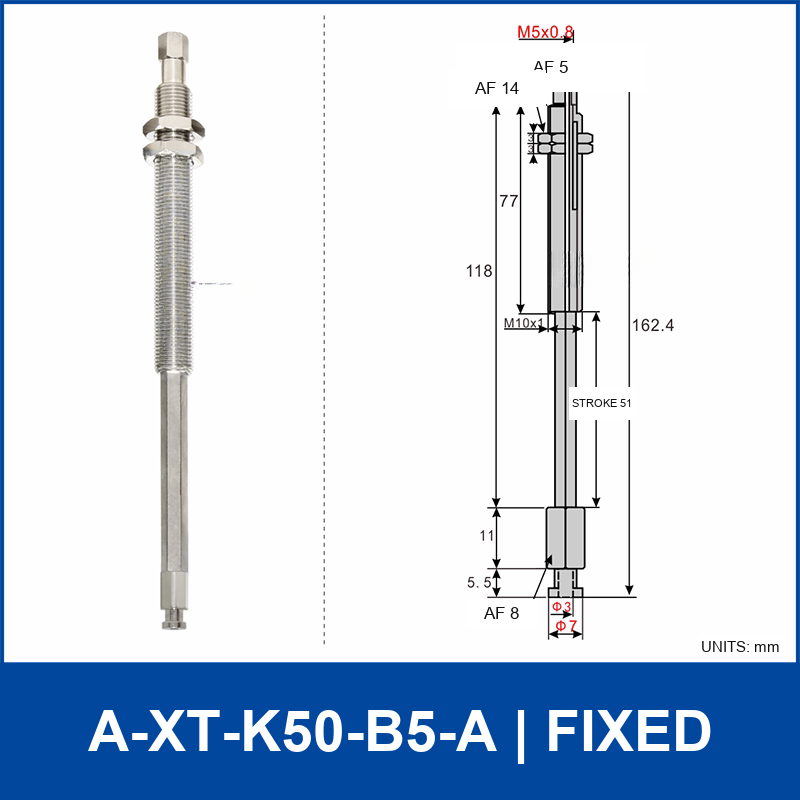 A-XT-K50-B5-A compact spring-loaded vacuum cup holder, fixed, with product view and dimensional drawing