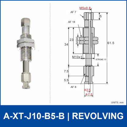 A-XT-J10-B5-B compact spring-loaded vacuum cup holder, revolving, with product view and dimensional drawing