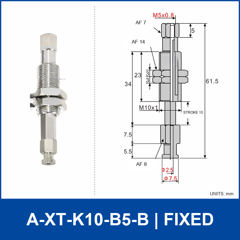 A-XT-K10-B5-B compact spring-loaded vacuum cup holder, fixed, with product view and dimensional drawing