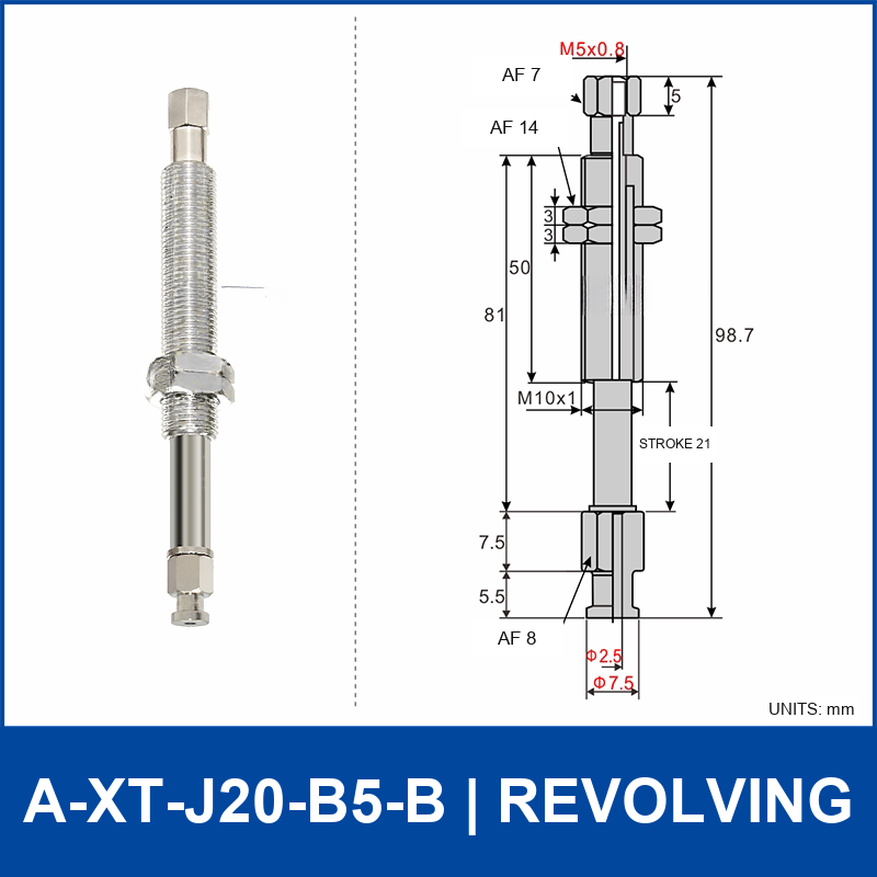 A-XT-J20-B5-B compact spring-loaded vacuum cup holder, revolving, with product view and dimensional drawing