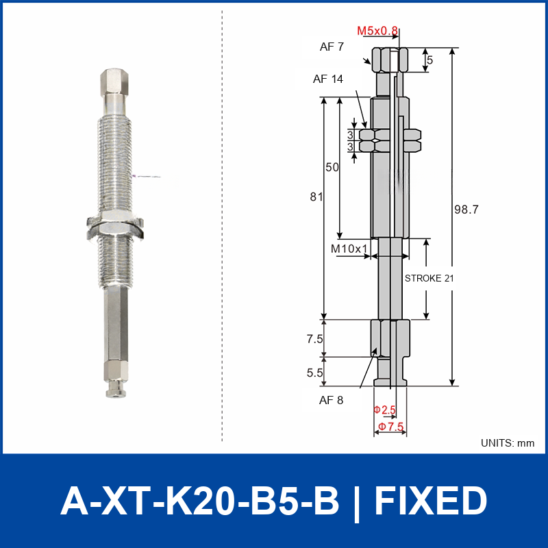 A-XT-K20-B5-B compact spring-loaded vacuum cup holder, fixed, with product view and dimensional drawing