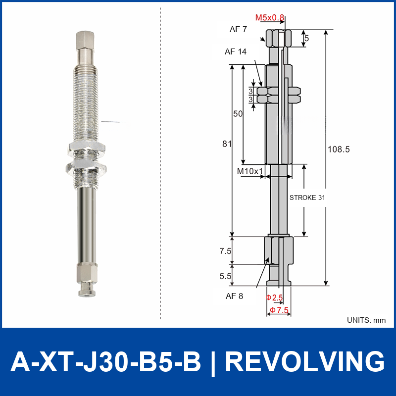 A-XT-J30-B5-B compact spring-loaded vacuum cup holder, revolving, with product view and dimensional drawing