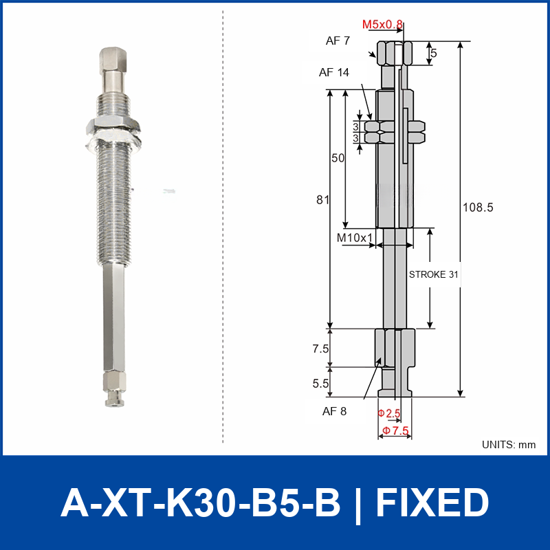 A-XT-K30-B5-B compact spring-loaded vacuum cup holder, fixed, with product view and dimensional drawing
