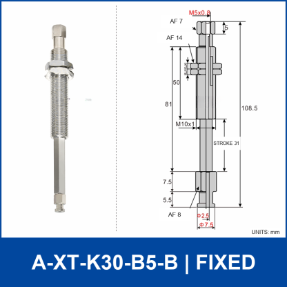 A-XT-K30-B5-B compact spring-loaded vacuum cup holder, fixed, with product view and dimensional drawing