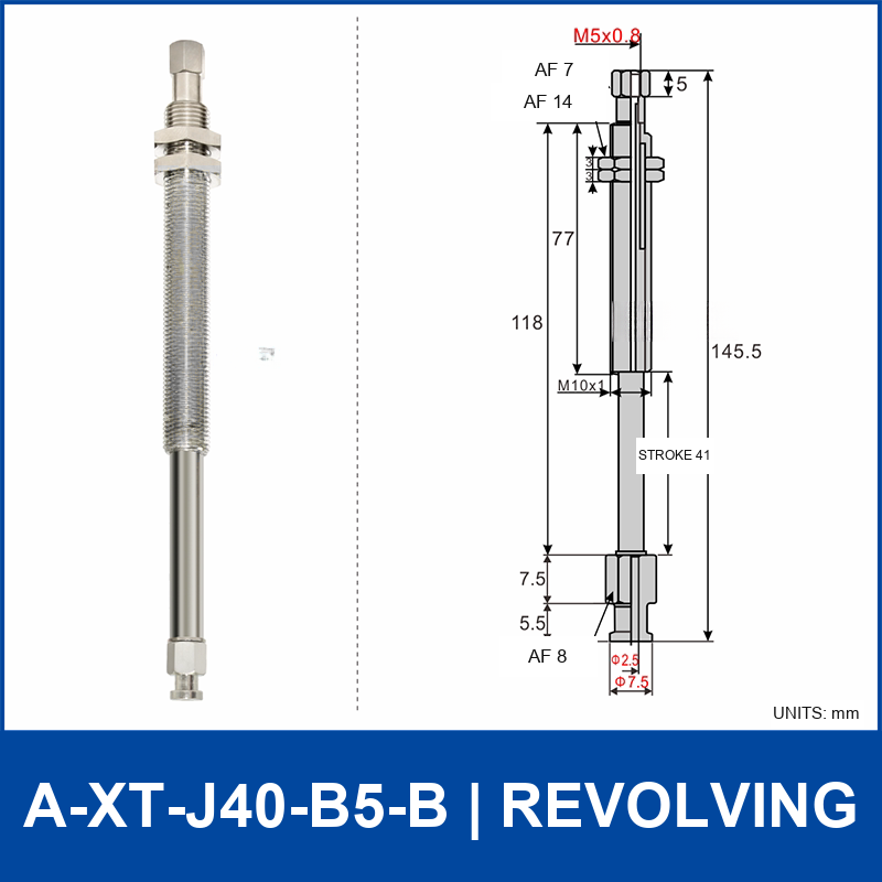 A-XT-J40-B5-B compact spring-loaded vacuum cup holder, revolving, with product view and dimensional drawing