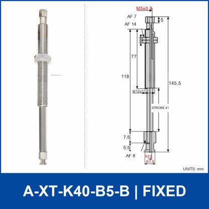 A-XT-K40-B5-B compact spring-loaded vacuum cup holder, fixed, with product view and dimensional drawing